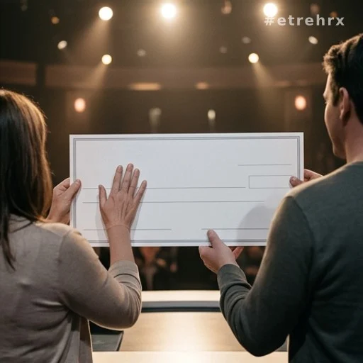 Chèque géant remis à une candidate lors d'un prime télévisé