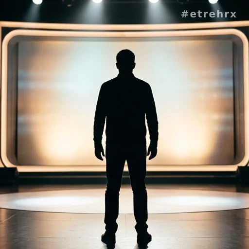 Silhouette d'un candidat seul sur un plateau de jeu télévisé très éclairé