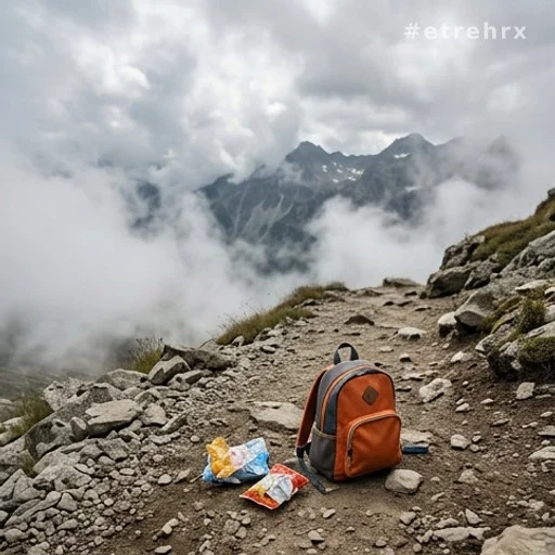 Sac à dos d'enfant abandonné sur un sentier de montagne en altitude