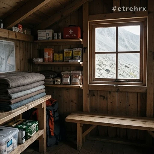 Intérieur d'un refuge de montagne en altitude avec bancs en bois