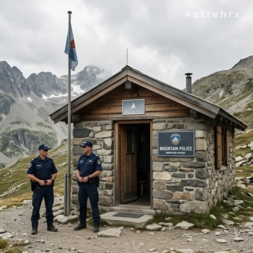 Policiers en uniforme devant un poste de police de montagne