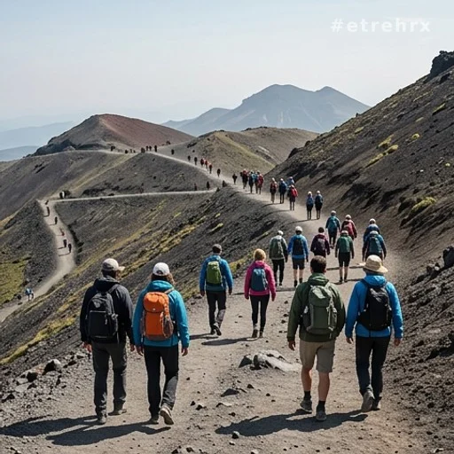 Randonneurs en file sur un sentier volcanique escarpé en été