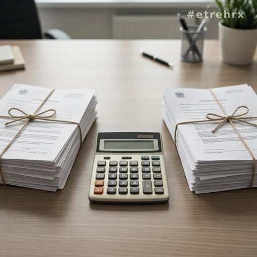 Documents administratifs séparés en deux piles symbolisant le partage d'une pension entre plusieurs bénéficiaires