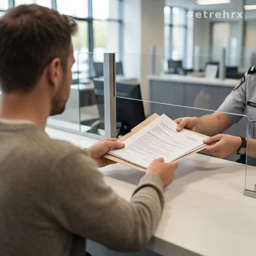 Personne de dos déposant des documents auprès d'un organisme de retraite pour une demande de réversion