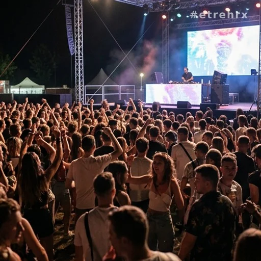 Foule dense devant une scène DJ lors d'un festival nocturne en plein air