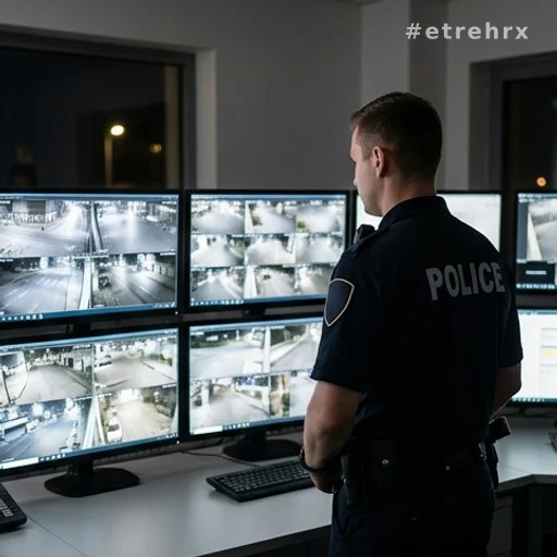 Agent de police consultant des écrans de vidéoprotection dans un centre de supervision urbain