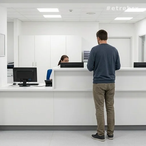 Personne vue de dos à l'accueil d'un hôpital après un examen médical sur réquisition