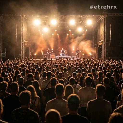 Grande scène de festival en plein air la nuit avec foule anonyme au premier plan