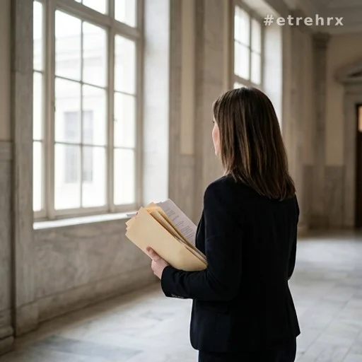 Silhouette de femme de dos dans un couloir de palais de justice, lumière naturelle