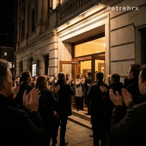 Foule applaudissant à la sortie d'un théâtre de nuit, silhouettes anonymes