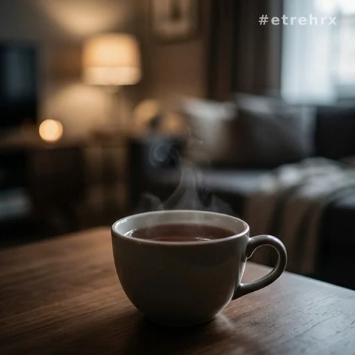 Tasse de thé sur une table dans un appartement faiblement éclairé, plan rapproché