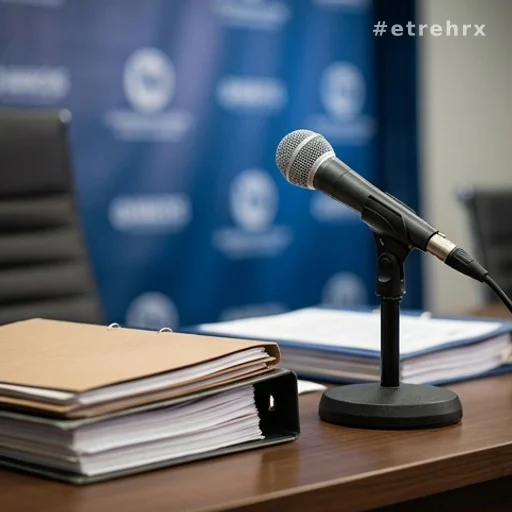 Bureau d'avocat avec dossiers juridiques et microphone devant un fond de presse flou