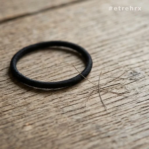 Élastique à cheveux et mèches cassées sur une surface en bois