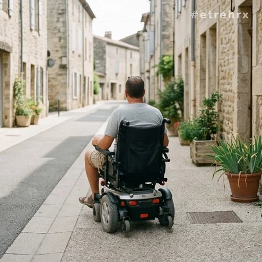 Homme en fauteuil roulant dans une rue de ville française, été 2026