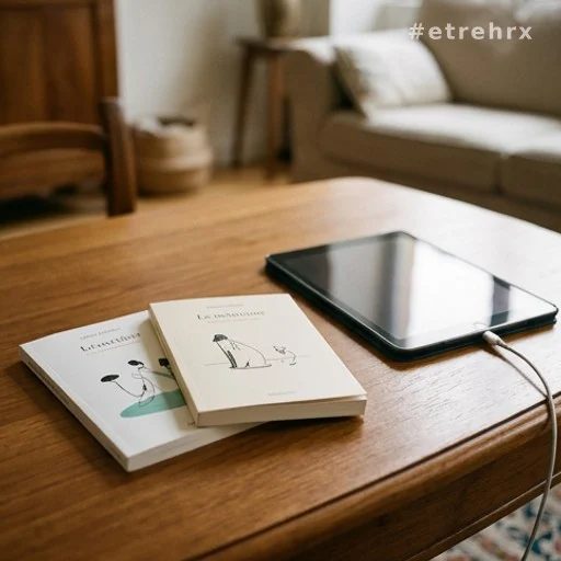 Deux livres autobiographiques posés à côté d'une tablette numérique