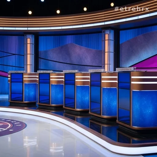 Rangée de pupitres de candidats sur un plateau de jeu télévisé illuminé