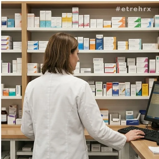 Pharmacien de dos dans une officine avec rayonnages de médicaments