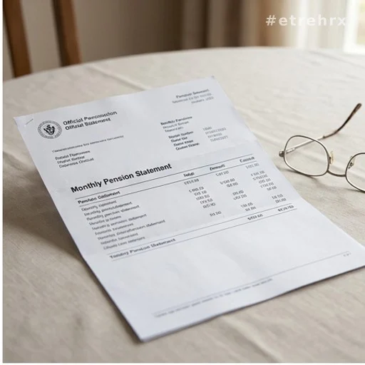 Relevé de pension mensuel posé sur une table avec des lunettes