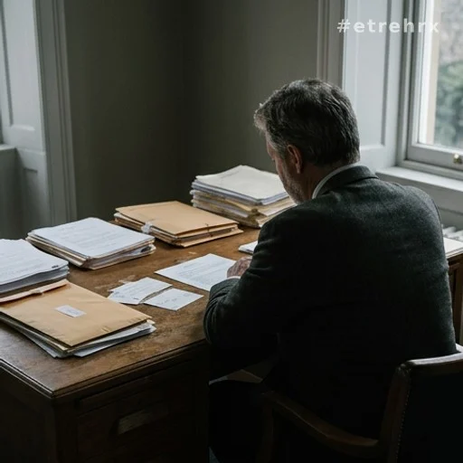 Silhouette d'un homme de dos face à des documents juridiques sur un bureau