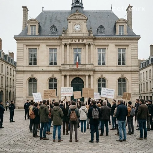 Façade de mairie française avec rassemblement de personnes tenant des pancartes