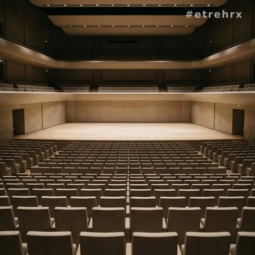 Salle de concert vide avec rangées de sièges et scène sans décor