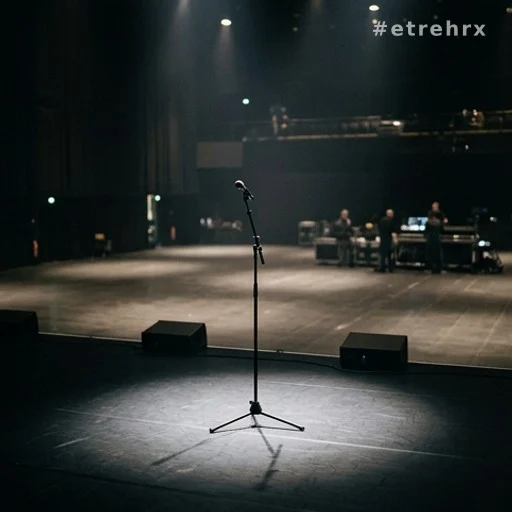 Scène de concert avec micro sous projecteurs, salle vide vue de dos