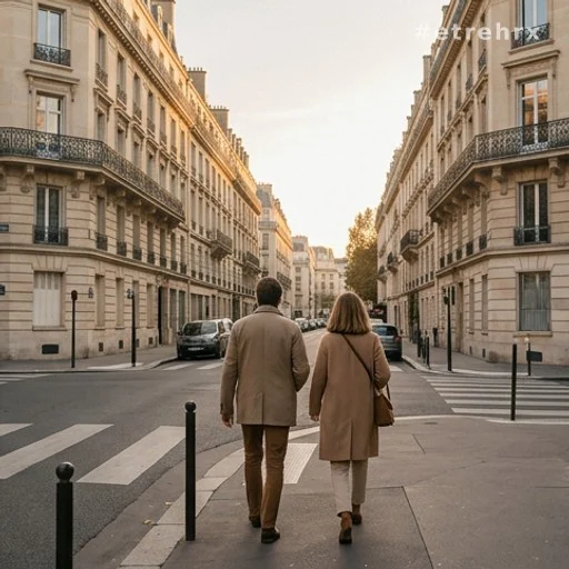 Deux rues parallèles d'un quartier parisien, piétons vus de dos