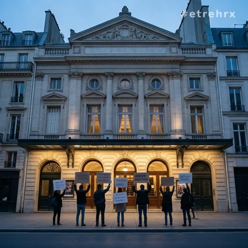 Façade d'un théâtre parisien classique au crépuscule avec manifestantes en arrière-plan