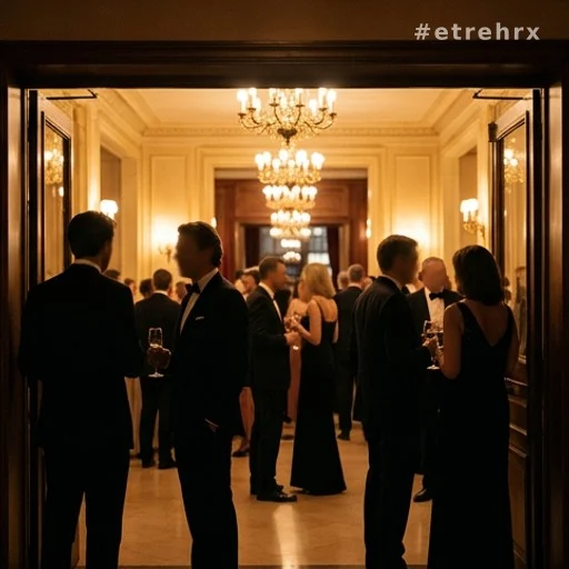 Réception de soirée dans un hall de théâtre, silhouettes élégantes en arrière-plan