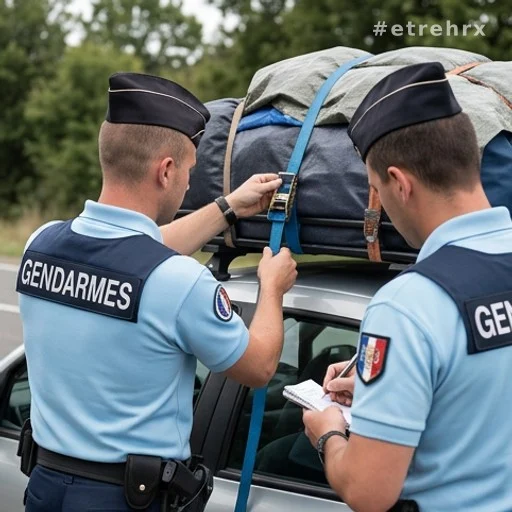 Gendarmes contrôlant le chargement d'un véhicule surchargé lors d'une patrouille estivale