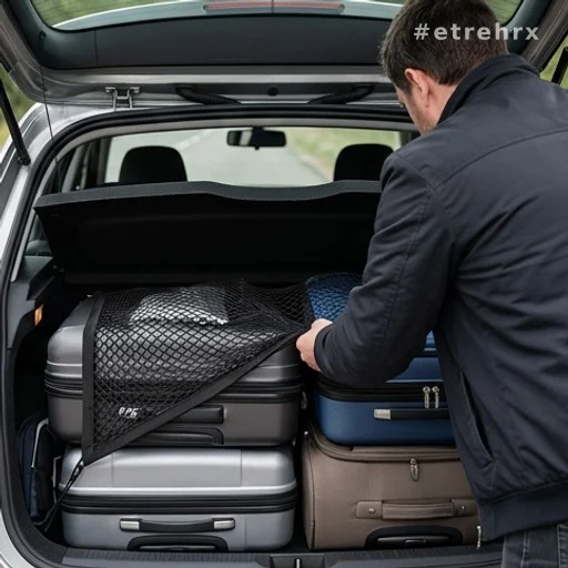 Coffre de voiture chargé correctement avec valises réparties en bas avant un départ en vacances