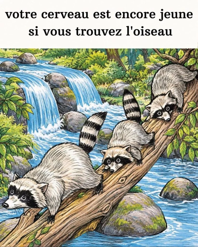 Jeu d'observation: un oiseau se cache parmi les ratons laveurs cover